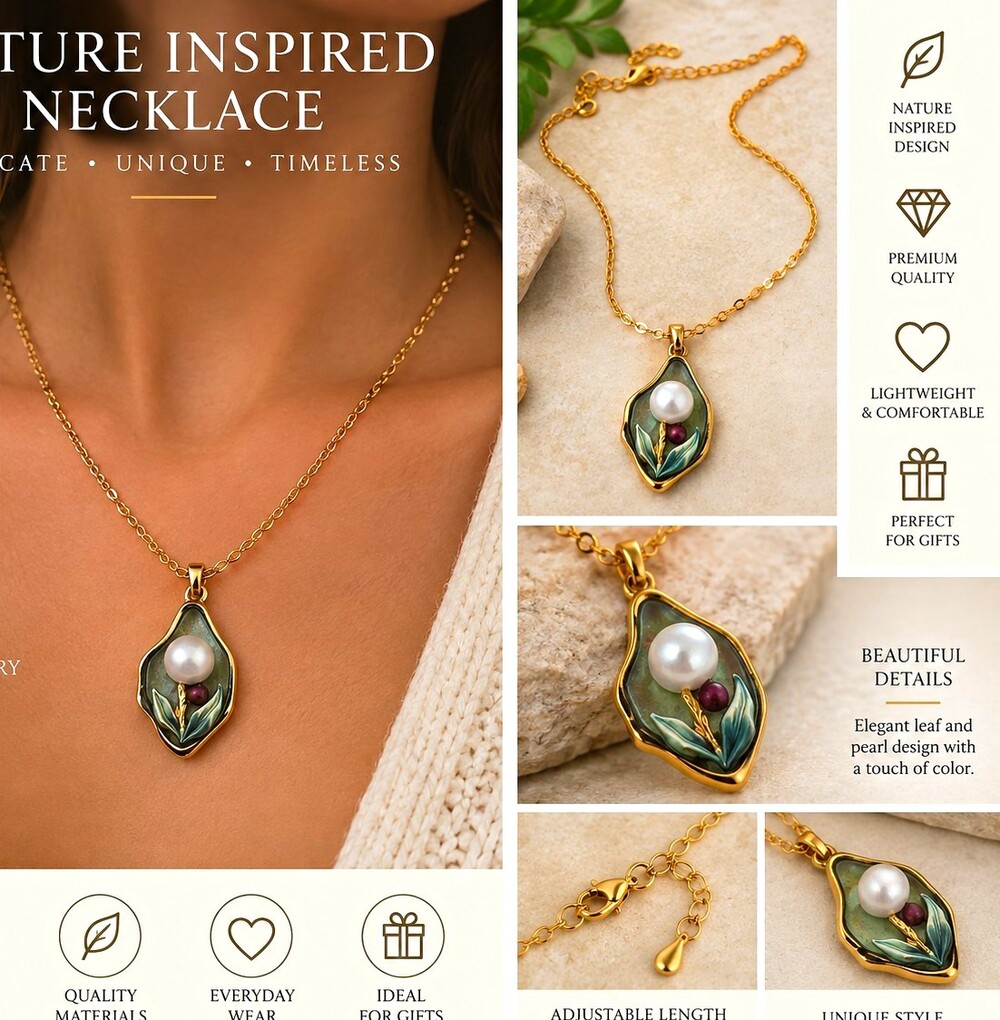 Gold Plated Leaf Charm Pendant Necklace White Pearl Crystal Adjustable Lobster